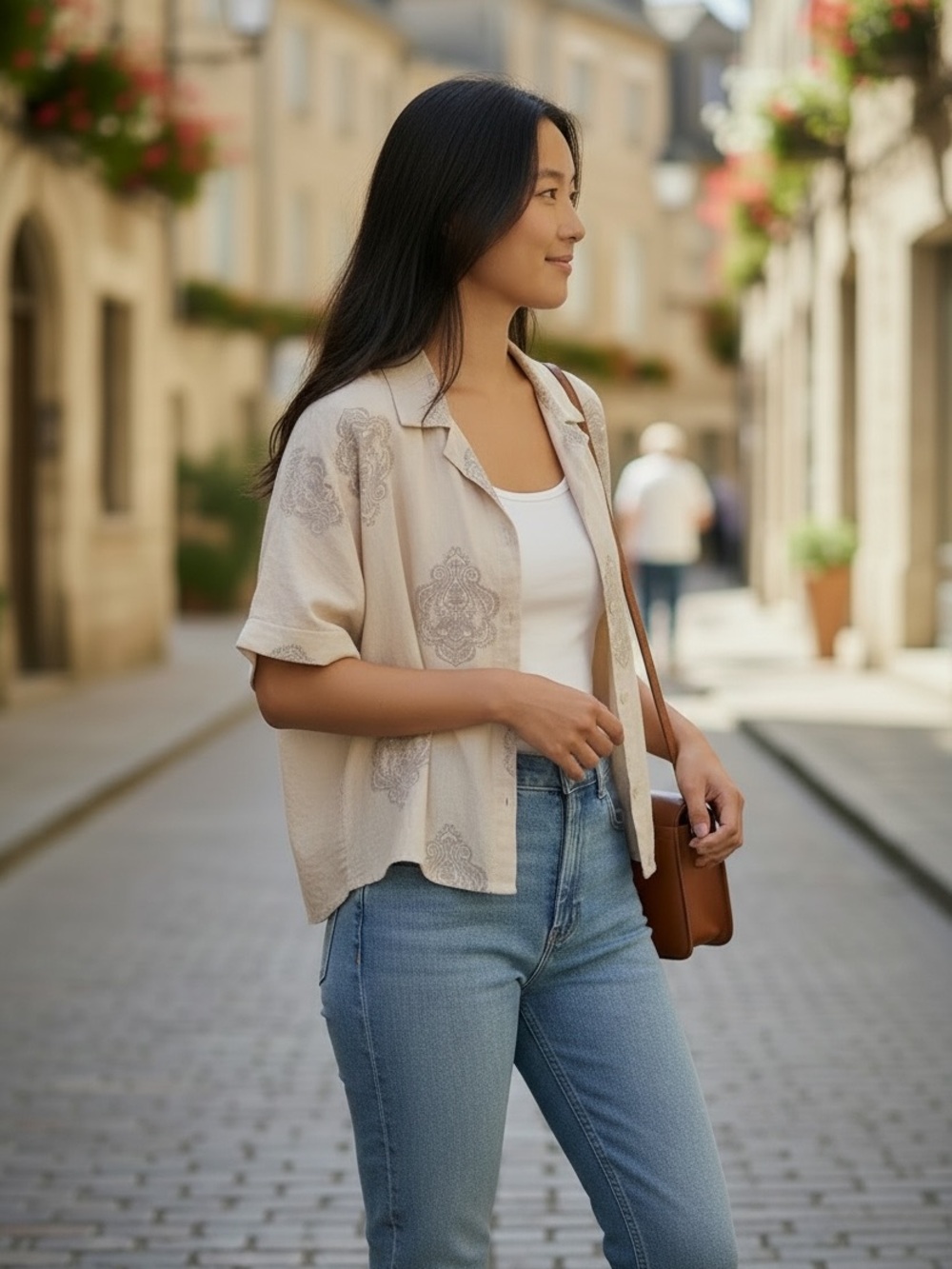 Civico 51 Made in Italy Linen Blend Beige Print Button Front Crop Shirt  S NWT